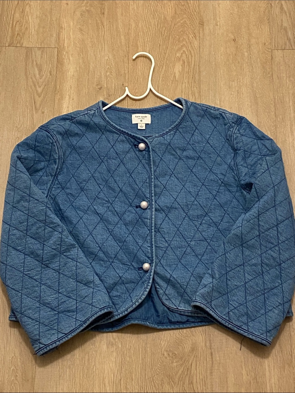 Kate Spade New York Quilted Blue Cropped Pearl-Button Jacket